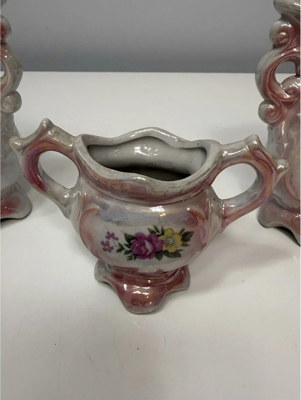 VTG Lusterware Floral Bud Vases Iridescent Pink Finish, Footed Handles Set Of 3